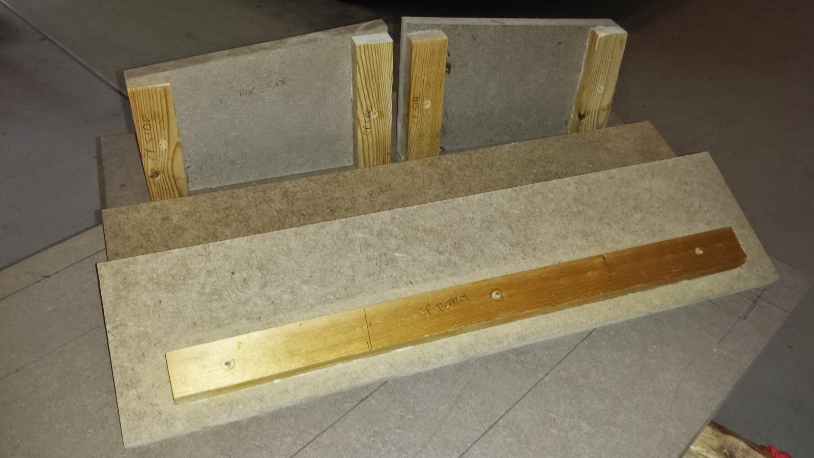 Four pieces of MDF with furring strips attached, cut to form the sides of the control panel box (exclusing the top panel)