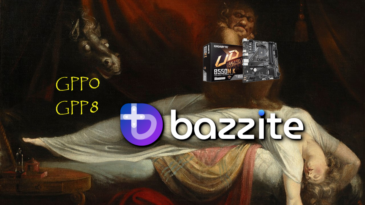 "The Nightmare" by Henry Fuseli. A woman (Bazzite) attempts to sleep. An incubus (Gigabyte motherboard) sit on her chest, while a dark horse ("GPP0" and "GPP8") lurks in the background.
